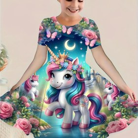 Resim Yeni Çocuklar İçin 3D Unicorn Desenli Kısa Kollu Prenses Etek Yazlık Kız Çocuk Günlük Karikatür Baskılı Üst Giyim Takımı 