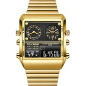 Resim Hanyang Altın Lıge Yeni Yaratıcı Kare Erkek Saat Lüks Altın Paslanmaz Çelik Kol Saati Su Geçirmez Kuvars Izle Erkekler Için Dijital Tarih Saat (Yurt Dışından) 