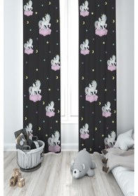 Resim Mekta Home Bebek Ve Çocuk Odası Pembe Bulut Üzerinde Unicorn Desenli Siyah 2 Kanat Fon Perde 