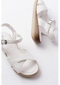 Resim 692-564 Beyaz Ortopedik Taban Çapraz Tokalı Kadın Sandalet Altın - Taba 