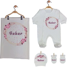Resim Pia Baby İsme Özel Kız Bebek Ekru Battaniyeli Tulum Seti Gl 1904-03 