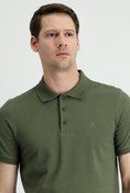 Resim Orta Haki Polo Yaka Slim Fit Dar Kesim Nakışlı Pamuk Tişört Kigili
