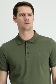 Resim Orta Haki Polo Yaka Slim Fit Dar Kesim Nakışlı Pamuk Tişört 