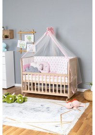 Resim Ahşap Beşik Anne Yanı Beşik Organik 60x120 - Pembe Yıldız 3 Yastıklı Uyku Seti + Yataklı Ahşap 