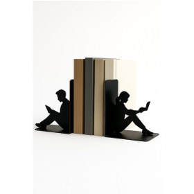 Resim Dekoratif Metal Kitap Tutucu Okuyan Kadın Ve Erkek Figürlü 2'li Set Masa Üstü Kitaplık Düzenleyici 
