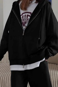 Resim Kadın Oversize Eşofman Takımı Siyah - Kapüşonlu Fermuarlı, Şerit Detaylı, Bağcıklı Bel, Bol paça - XS / SİYAH 