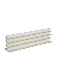 Resim Beyaz Metal Çift Yönlü Orta Reyon 4 Katlı 5'li Birleşik Market Raf Sistemi Market Rafı G450cm Yükseklik H140 Cm Sarı 