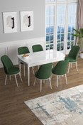 Resim Canisa Han Serisi, Beyaz 70x114 Açılabilir Mdf Mutfak Masa Takımı, 6 Haki Yeşili Sandalye 