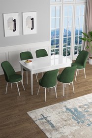 Resim Canisa Han Serisi, Beyaz 70x114 Açılabilir Mdf Mutfak Masa Takımı, 6 Haki Yeşili Sandalye 