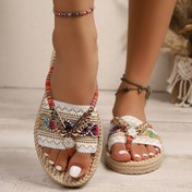 Resim Kadın Bohem Tarzı Zarif Moda Hafif Açık Parmak Flip-Flops, Boncuklu Ayak Bilekleri, Çiçek Nakışları ve Örgülü Taban - Yazlık Rahat Plaj Ayakkabıları, Plaj Ayakkabıları, Dekoratif Süslemeler, Rahat Ayakkabılar 