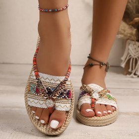 Resim Kadın Bohem Tarzı Zarif Moda Hafif Açık Parmak Flip-Flops, Boncuklu Ayak Bilekleri, Çiçek Nakışları ve Örgülü Taban - Yazlık Rahat Plaj Ayakkabıları, Plaj Ayakkabıları, Dekoratif Süslemeler, Rahat Ayakkabılar 