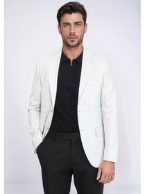 Resim Açık Gri Balıksırtı Desenli Gold Renk Metal Düğmeli Slim Fit Erkek Blazer Ceket - Wessi Grey 