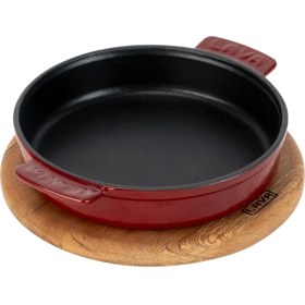 Resim Lava Döküm Yuvarlak Güveç Kabı Döküm Demir Yekpare Çift Kulplu Kayın Servis Ahşabı ÇAP(Ø)14CM.-BORDO 