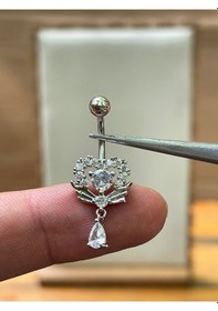 Resim 316 L Cerrahi Çelik Kanatlı Kalp Modeli Zirkon Taşlı Göbek Piercing, Gümüş 