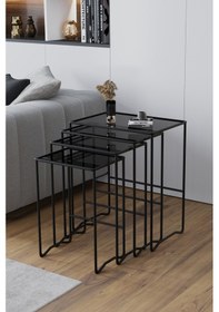 Resim Faymend Mimoza 4 Lü Zigon Sehpa, Metal Sehpa, Cam Sehpa ' Siyah - Füme' Siyah 