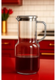 Resim Isıya Dayanıklı Cam Sürahi 1.8 Litre Şeffaf Lüks Karaf Borosilikat Metal Silikon Kapaklı 