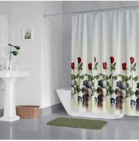 Resim 180x200cm Banyo Perdesi Kırmızı Gül Desen Duş Perdesi Tek Kanat 