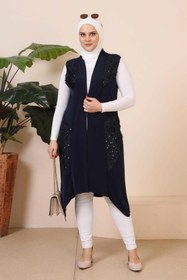Resim Kadin Buyuk Beden Pulpayetli Siyah Yelek Uzun - Lacivert / 8XL 