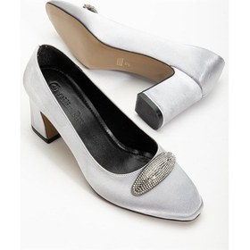 Resim Kadın Siletto Topuklu Ayakkabı Gümüş Saten Taşlı Kalın Topuklu-4168 GUMUS 