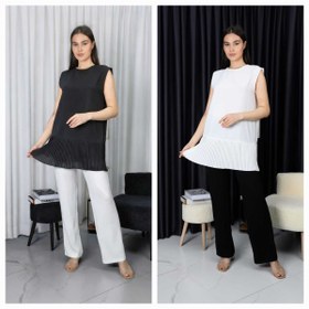 Resim Bienvenido Kadın Tesettür Kolsuz 2'li Paket Siyah Beyaz Piliseli Içlik Gömlek Tunik Bluz Pliseli Pileli 