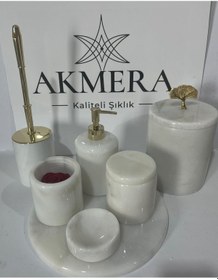Resim Akmera Elite 7 Parça %100 Gerçek Mermer Banyo Seti Altın - Beyaz 