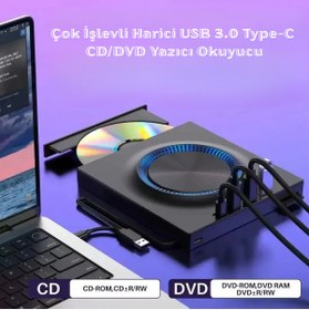 Resim GreaTech Çok Fonksiyonlu Harici CD DVD Sürücü USB 3.0 Type-C CD/DVD Yazıcı Okuyucu Laptop Mac Windows 11 