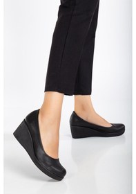 Resim Dilimler Ayakkabı Kadın Dolgu Topuklu Ayakkabı Siyah Yüzüdüz Cilt-3168 Siyah 