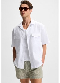 Resim Grimelange TERO Erkek %100 Pamuk Apaj Yaka Kısa Kollu Flamlı Oxford Comfort Fit Hawaii Beyaz Gömlek 