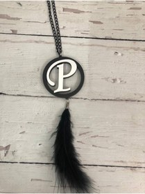 Resim Stoneda ''p''harfi Araç Dikiz Ayna Süsü 6cm Çağında Tüylü Siyah (mdf) Ahşap Üzeri Gümüş Pleksi Harf 