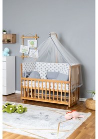 Resim Ahşap Beşik Anne Yanı Beşik Vernikli 70x130 - Gri Balina Uyku Seti + Yataklı Ahşap 