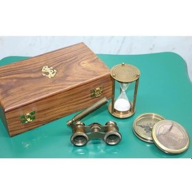 Resim Ahşap Kutulu Pirinç Pusula Kumsaati Dürbün Seti 