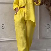 Resim Kadınlar için Mandarin Yaka ve Düz Renk Tasarımlı Rahat Polyester İki Parça Pantolon Takım - Dokuma Kumaş, Tam Boy Normal Üst ve Pantolon Seti (1 Kıyafet 1 Pantolon), Tüm Sezonlara Uygun 