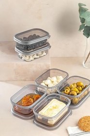 Resim 6lı Büyük Boy Dikdörtgen Plastik Kapak Kahvaltılık Seti 400 ml Antrasit Erzak Kavanoz Seti 