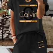 Resim 2025 Yaz Yeni Koleksiyon, Yaratıcı Harf Calvin Tasarımı, Kadınlar için Elastik Bel Cebi Şortlu Rahat Baskılı Yuvarlak Yaka Kısa Kollu Üst, İki Parça Takım. 