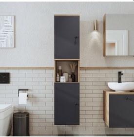 Resim Banyo Dolabı Mat Mdf 150 X 35 Cm Boy Dolabı Atlantik Çam - Antrasit 