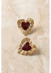 Resim Gold Bordo Mineli Ve Çizgili Kalp Küpe Renkli 