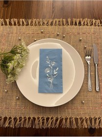 Resim Gümüş Yaldızlı Mavi Gelincik Çiçeği Baskılı Garson Katlama Peçete 16 Adet 