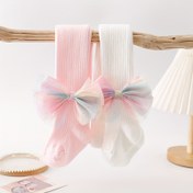 Resim 1 Çift Kız Çorabı Floretli Yaylı, Düz Örme Çorap, Çocuklar ve Bebekler İçin Bahar ve Sonbahar Moda Tayt Çorapları 