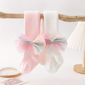 Resim 1 Çift Kız Çorabı Floretli Yaylı, Düz Örme Çorap, Çocuklar ve Bebekler İçin Bahar ve Sonbahar Moda Tayt Çorapları 