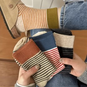 Resim 5 Çift Kadın Çizgili Crew Çoraplar - Sonbahar Kış Sıcaklığı için Preppy Casual Kalın Yığma Çoraplar, Yan Çizgilerle Çok Renkli Kombinasyonlar, Sadece Elde Yıkama, Fırfır Çoraplar, Yan Çizgi Deseni, Dokulu Örgü Giyim 