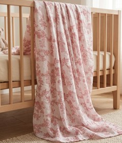 Resim Müslin Bezi Örtü Flora Desen - Kırmızı 120x120 cm + 4 Adet Ağız Mendili 