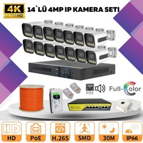 Resim 14'lü Güvenlik Ip Kamera Seti - 4mp Dış Mekan Kamera, 3.6mm Lens, H.265, Poe, Warm Led Gece Görüşlü 