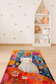 Resim Pelangi Minimalist Sanat Sevimli Kedi Yıkanabilir Kaymaz Taban Leke Tutmaz Çocuk Odası Halısı, Turuncu 60 x 200 