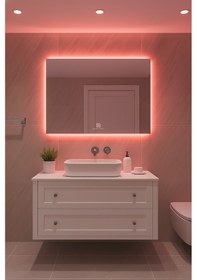 Resim Digital Hayat Dokunmatik Dimlenebilir Kırmızı Led Işıklı Dikdörtgen Ayna Dekoratif Banyo Makyaj Aynası Yatay Ve Dikey Kullanım 30x50cm - 60x80cm Kırmızı 