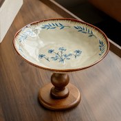 Resim 1 Adet Vintage 9 İnç Ahşap Ayaklı Tepsi - Frezya & Daire Yaprak Desenli Mavi Çiçek Servis Tabağı, Çok Amaçlı Gıda Güvenliği Dekoratif Atıştırmalık Tabak, Oturma Odası, Mutfak, Yemek Masası, Ev Dekoru Parçası, Klasik Ev Aksesuarı, Yüksek Kaliteli Tepsi, Ev Eğlencesi İçin 