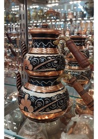 Resim Bakır Çaydanlık El Işlemesi Çiçek Desenli Siyah Renk İşlemeli 