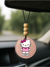 Resim Cekuonline Kişiye Özel İsim Yazılı 1.Sınıf Deri Ahşap Dekorlu Dikiz Aynası Süsü Pudra Pembe - Kitty 