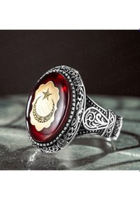 Resim Takılingo 925 Ayar Gümüş Kehribar Taşlı Ayyıldız Desenli Erkek Yüzük Gümüş 