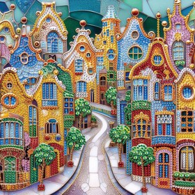 Resim Yetişkinler için İridisent Elmas Sanat Boyama Kiti, Düzensiz At Desenli Küçük Kasaba Tasarımı, Parlak Kristal Nakış Seti, Ev Dekoru İçin, 30x28 cm Tuval 