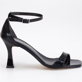 Resim Büyük Numara Tek Bant Yılan Baskılı Rugan Siyah Kadın Topuklu Sandalet-2977-siyah Siyah 